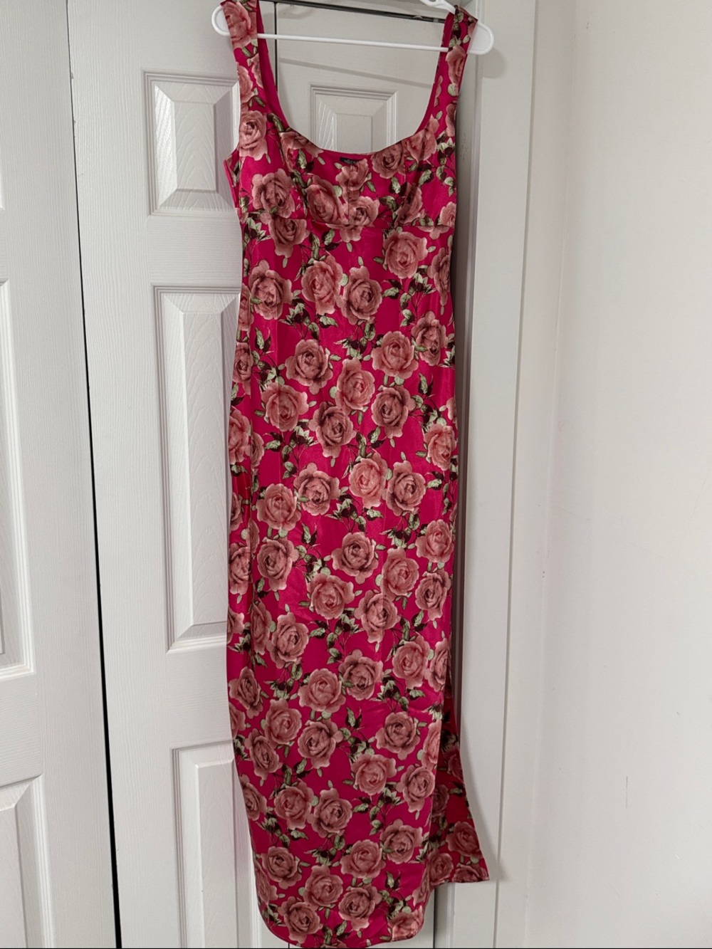 Satin Pink Rose Print Maxi Dress